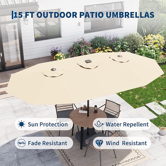 Garvee 15FT Rectangular Patio Umbrella with Solar Lights & Base Included - Large Patio Umbrella with Crank Handle 48 LED Lights, UV Protection for Outdoor Market, Backyard, Deck, Poolside, Khaki