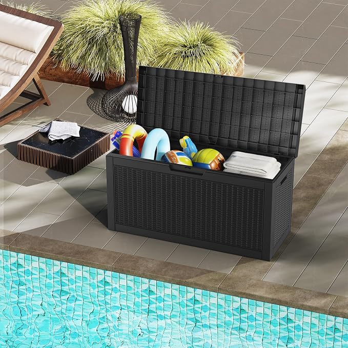Mars Villa 60 Gallon Outdoor Storage Bench, Deck Box Waterproof Outside Resin Storage Bin for Outdoor Patio Furniture Cushion, Pool Supply, Garden Tool, UV-Resistant and Weatherproof, Rattan Black