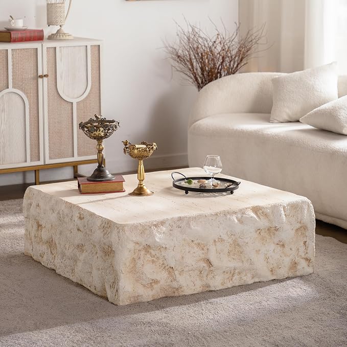Square Coffee Table for Living Room Outdoor Faux Stone Coffee Table Amber Travertine Concrete Pattern, 35.43" Modern Low Center Tables, No Need Assemble,Beige