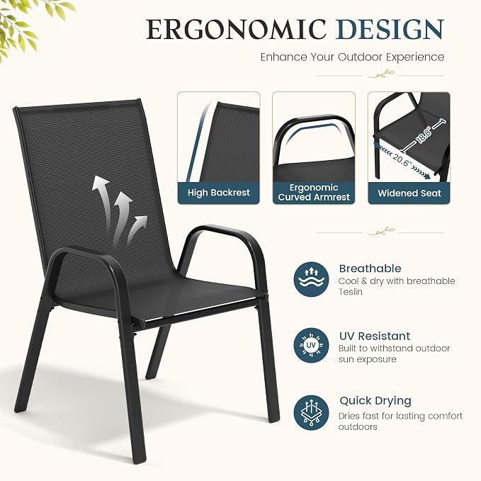 7-Piece Outdoor Dining Set, All Weather Patio Table and Chairs Set with Umbrella Hole for 6, Steel Slat Table and 6 Textilene Chairs for Backyard, Poolside and Deck, Black(No Umbrella)