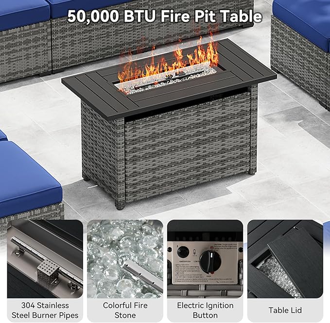 LazySunsets 12-Piece Patio Furniture Set with 44" Fire Pit Table, Wicker Outdoor Furniture, Patio Conversation Sets with Coffee Table, Outdoor Sectional Couch with Waterproof Cover, Blue