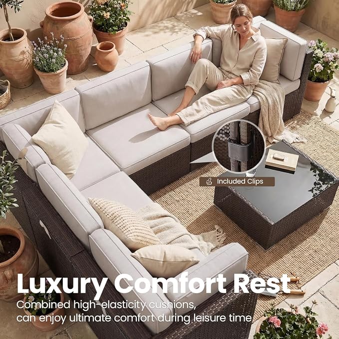 10 Pieces Patio Furniture Set with 44" Propane Gas Fire Pit Table, Outdoor Sectional Brown Rattan Wicker Conversation Sofa Sets with Coffee Table