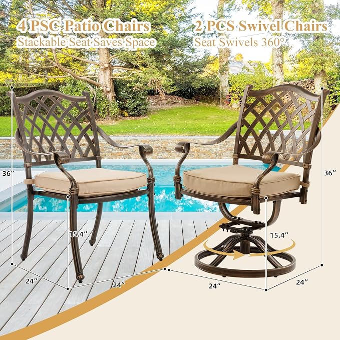 7-Piece Cast Aluminum Outdoor Dining Set, Antique Bronze Patio Furniture for 6 Includes 60" Rectangular Dining Table, 4 Stackable Chairs & 2 Swivel Chairs with Cushions & Umbrella Hole