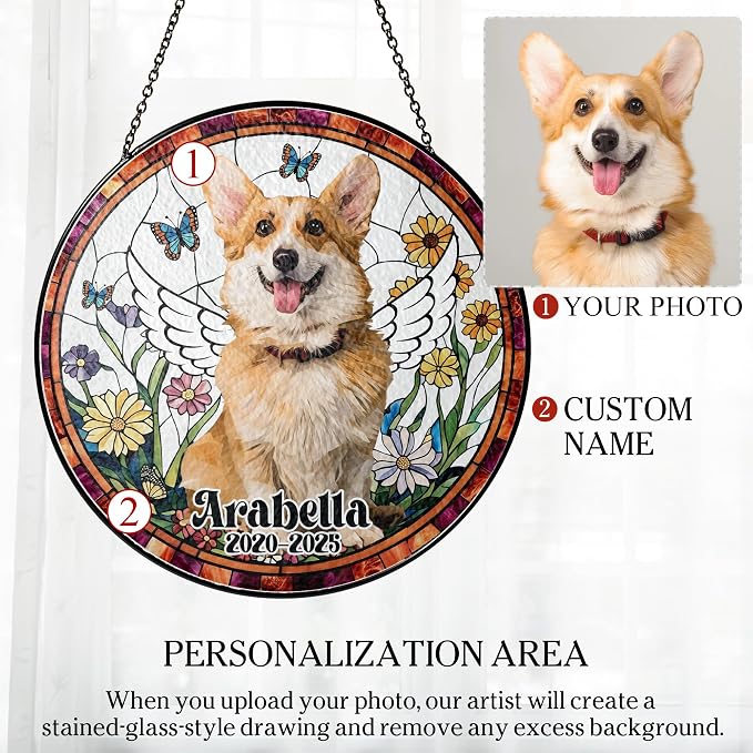 Custom Photo Memorial Dog Suncatcher Custom Cat, Pet Stained Glass Keepsake – Loss of Pet Sympathy Gift – Stained Glass Dog Memorial Window Hanging Sun Catcher– Pet Remembrance Gift