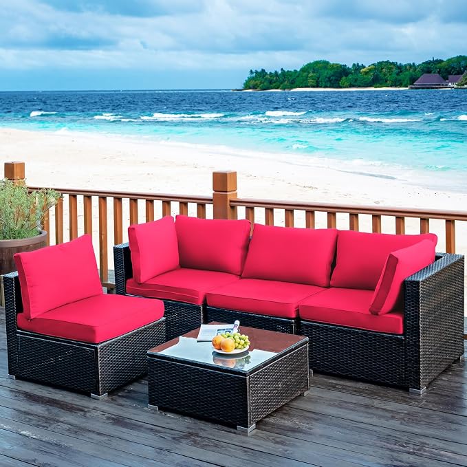 COSTWAY 5-Piece Outdoor Patio Furniture Set, PE Rattan Sofa Chairs with Cushions and Tempered Glass Coffee Table, Conversation Sofa Set for Backyard Garden (Red)