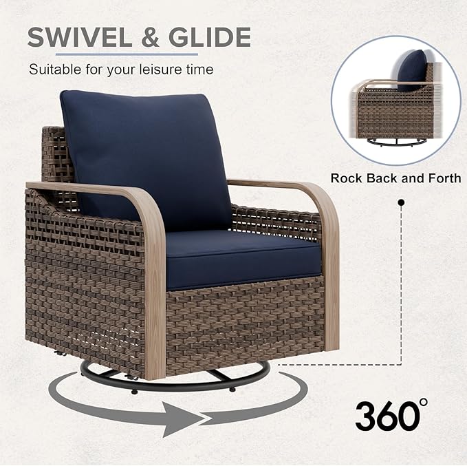 COOS BAY Modern Wicker Outdoor Furniture Set, 5 Piece Patio Conversation Set with 2 Swivel Rockers, a Loveseat, Coffee Table and Side Table, 5 Piece, Brown/Blue