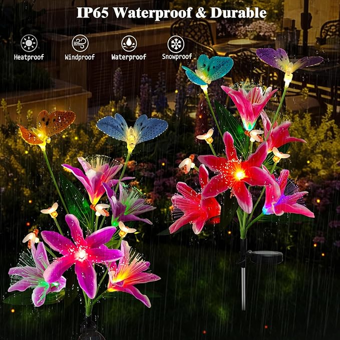 Solar Flower Lights Outdoor Garden Gifts Mother Day Decor,2Pack Color Changing Lilies Flowers with Flying Butterfly and Bee,Lily Flower Solar Lights Outside for Path Yard Patio Lawn Grave Spring Decor