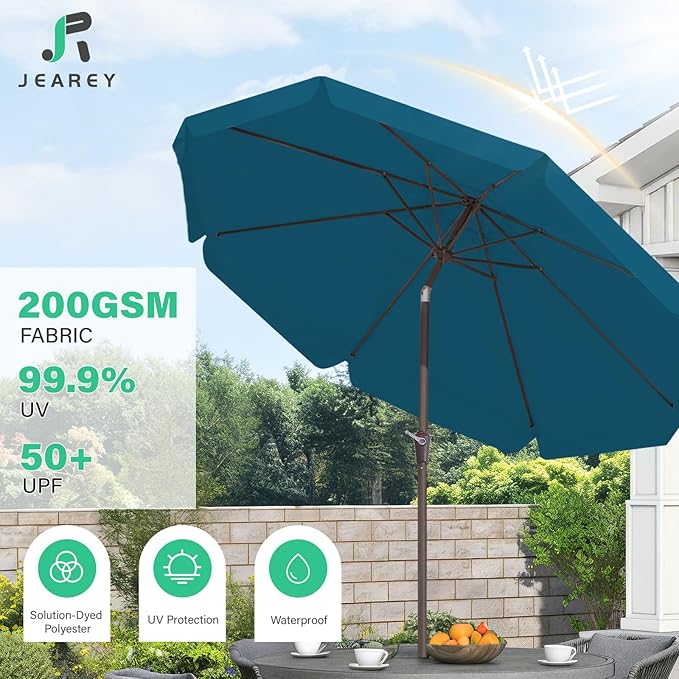 JEAREY 9 FT Patio Umbrella Outdoor, Table Umbrellas Market Umbrella w/Push Button Tilt/Crank, 8 Sturdy Ribs(Cerulean)