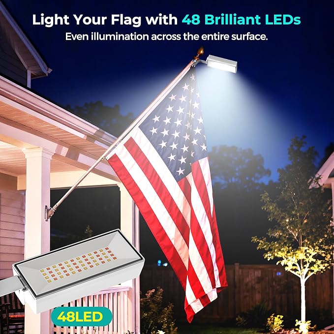 Solar Flag Pole Lights Outdoor 1 Pack, 48 LED Bright Flagpole Lighting 3 Color in 1 with Cool/Warm/Daylight White Modes, Auto On/Off, IP65 Waterproof for Outside House Garden RV Flags Decor
