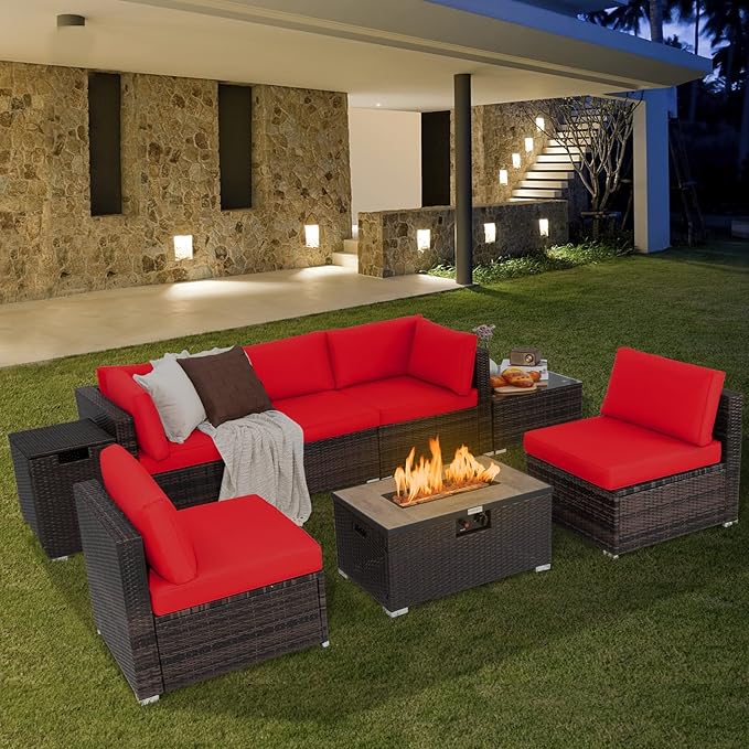 Tangkula 8 Piece Outdoor Wicker Sofa Set, Patio Rattan Conversation Set w/32” Propane Fire Pit Table & Tank Holder, 40,000 BTU Heat Output, Cozy Seat & Back Cushions, Fire Pit PVC Cover (Red)