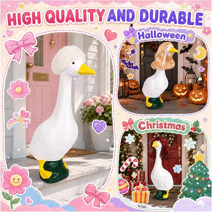 4Pcs Porch Goose Wigs Set Porch Goose Outfits Accessories for Outdoor Statue Accessories Garden Patio Yard Goosey Decoration (4PCS Wigs-D)