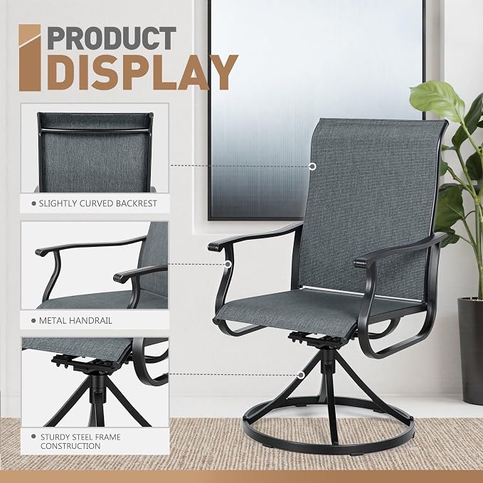 SUNCROWN Patio Swivel Rocker Dining Chairs Set of 2, All Weather High Back Textilene Outdoor Chairs with Sturdy Metal Frame, Swivel Rocking Patio Chairs for Backyard Lawn Garden Porch Deck, Dark Grey