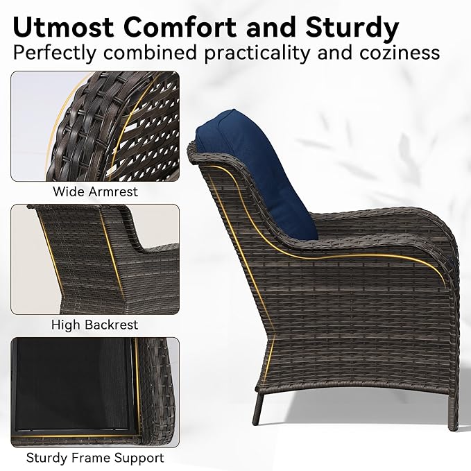 5 Piece Outdoor Wicker Patio Furniture Set, Patio Chairs Set with Thickened Olefin Cushions, High Back and Deep Seating, Hand-Woven PE Rattan, Ottoman for Porch, Deck