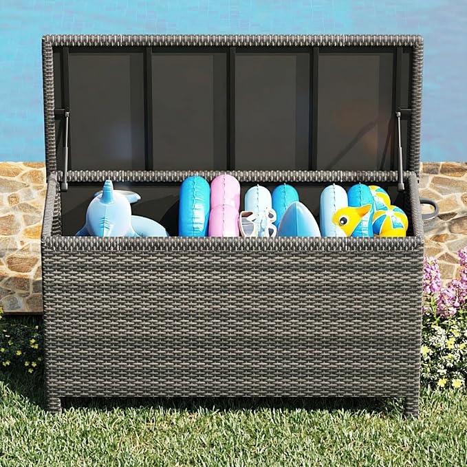 IDEALHOUSE 125 Gallon Outdoor Storage Deck Box with Wheels, Waterproof PE Rattan Garden Storage Chest for Patio, Balcony, Poolside, and Backyard, Portable Storage Container with Handles, Gary
