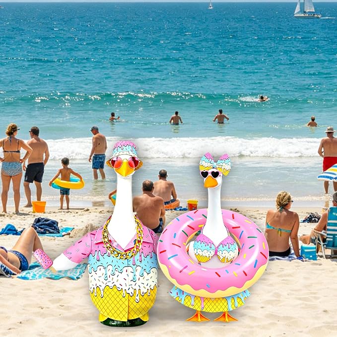 Porch Goose Outfits Summer Ice Cream Shirt - 5-Piece Male Couples Large Lawn Goose Clothes with Hawaiian Shirt, Bucket Hat, Pink Sunglasses, Gold Chain & Popsicle, Outdoor Yard Decor (Boyfriend Theme)