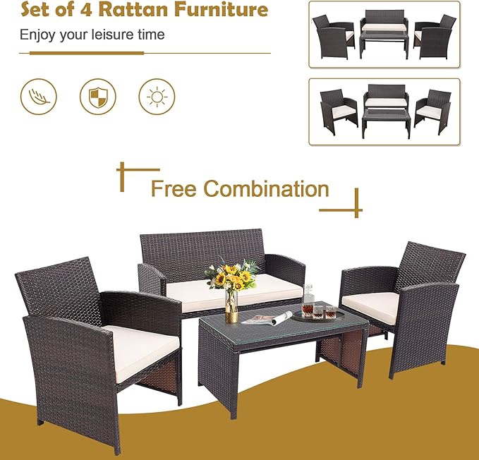 HAPPYGRILL Set of 4 Rattan Conversation Set Outdoor Wicker Furniture Set with Tempered Glass Coffee Table, Soft Cushions, Weather-Resistant Rattan Chair Set for Garden Backyard Poolside