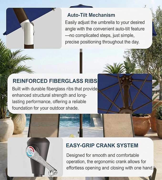 PatioKingdom Auto-Tilt 9FT Patio Umbrella Outdoor with 8 Sturdy Fiberglass Ribs,Market Table Umbrella for Pool,Backyard,Deck and Garden