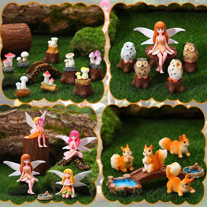 33 Pcs Fairy Garden Miniature Kit Resin Fairies Animal | Weatherproof Solid Resin, PVC Colorful Fairies, Assorted Animal Mushroom Pond Decor, for Terrarium Patio Dollhouse DIY Craft