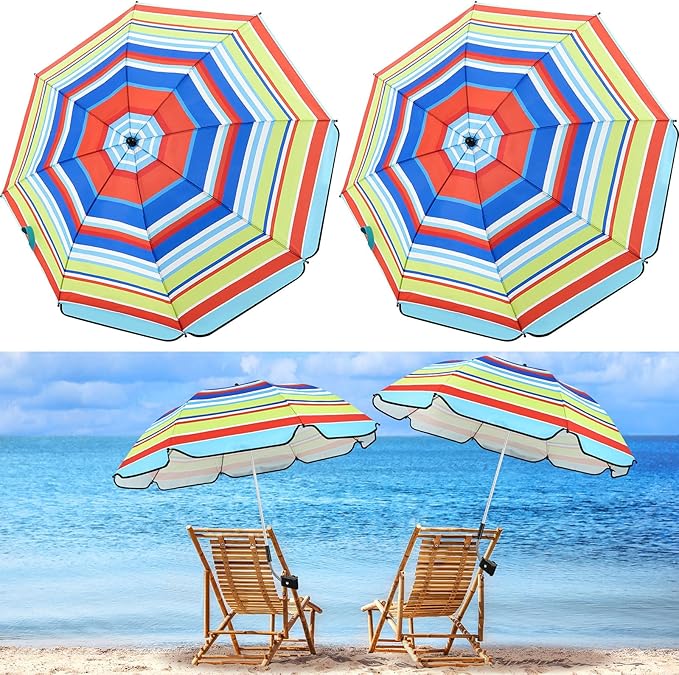 Buryeah 2 Pcs Beach Chair Umbrella Automatic with Universal Adjustable Clamp 44" UPF 50+ Portable Clamp on Beach Chair for Wheelchair Patio Golf Carts Camping