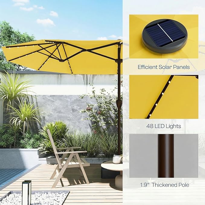 15ft Large Patio Umbrella with Solar Lights and Base, Double-Sided Outdoor Rectangle Umbrella with 48 LED Lights, Market Table Umbrellas with UV Resistant Canopy