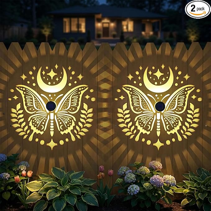 Gardsee Solar Fence Lights Outdoor 2 Pack Deck Step Wall Lights Butterfly Metal Waterproof LED Warm Yellow Light for Garden Post Patio Backyard Yard Decor (Black 1)