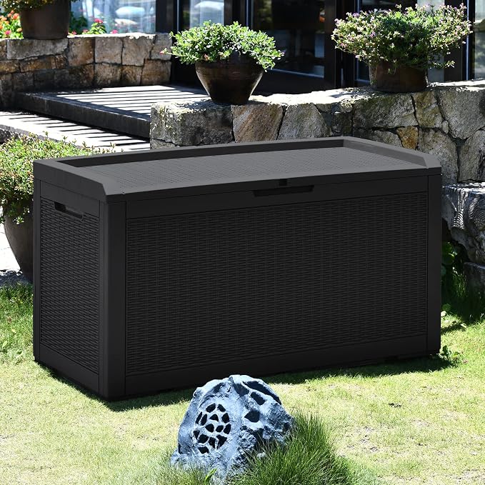 Modern-Depo 100 Gallon Deck Box Waterproof Outdoor Storage Bench | ‎Polypropylene(PP) Pool Towel Storage Bin Porch Delivery Box with Seat Cushion, Black