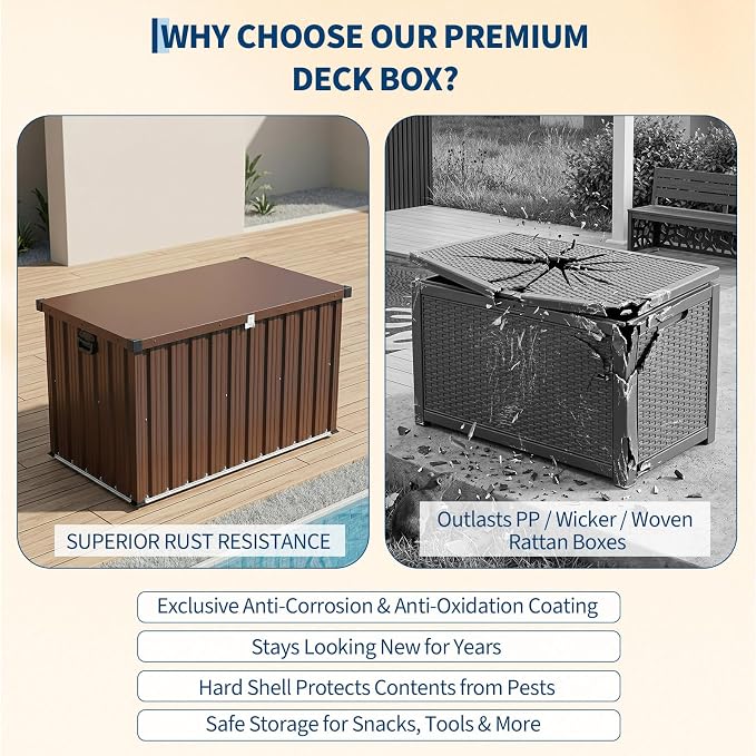 Metal Deck Box Outdoor Patio Storage Container with Wheels, 150 Gallon Heavy-Duty Steel Storage Chest Built with Galvanized Frame & Coated Panels, Large Weather-Resistant Bin for Deck, Porch, Pools
