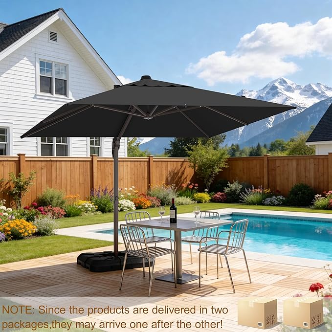 10' X 10' Patio Umbrella Cantilever Outdoor Rectangle Umbrella with Base Included, Heavy Duty 360°Rotation Offset Umbrella for Garden Deck Pool Patio, Black