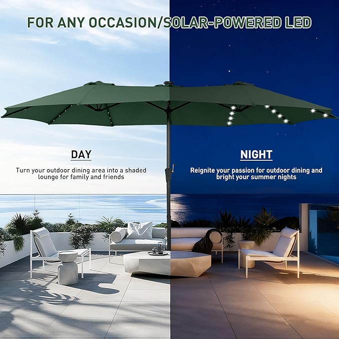 15 ft Patio Umbrella with 48 LED Lights, Large Rectangle Outdoor Solar Umbrella with Matching Base, Strap, Crank, Green