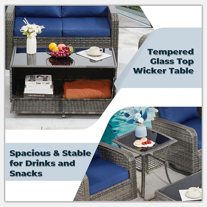 5 Pieces Outdoor Furniture Set with Swivel Chairs, Wicker Patio Furniture Sets for Porch Deck Bistro Lawn Garden Backyard Poolside-Blue