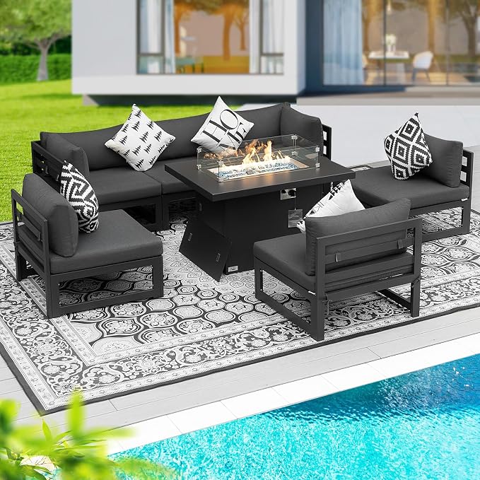 BULEXYARD 7 Pcs Modern Aluminum Patio Sectional Seating with Firepit Table, 500 lbs Heavy Duty Outdoor Furniture Set for Heavyweight, 29 inch Deep Wide Seating, Exterior Conversation Couch, Dark Gray