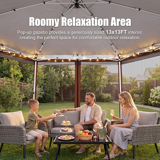 COBIZI 16x16 Pop Up Gazebo Tent with Mosquito Netting, Gazebos on Clearance, Hexagonal Outdoor Canopy Shelter, Patented Center Lock 6-Sided Portable Gazebos, Pop Up Canopy Tent for Backyard, Brown