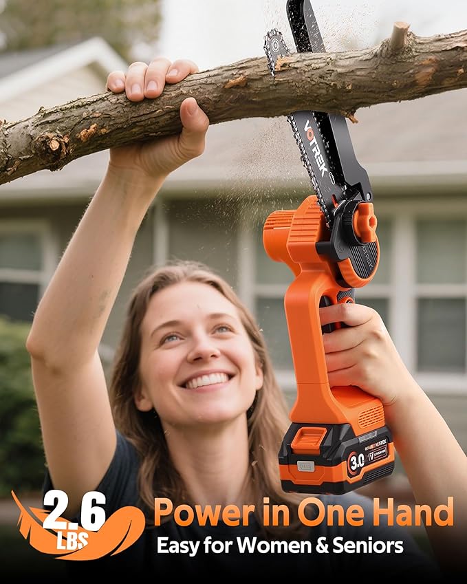 VOTREK® 6-Inch & 8-Inch Mini Chainsaw Cordless, 2 x 3.0Ah Batteries, Electric Chain Saw with 2 Chains, 2 Bars, Brushless Motor, Auto Oiler, Tool-Free Tensioner for Tree Trimming and Yard Cleanup