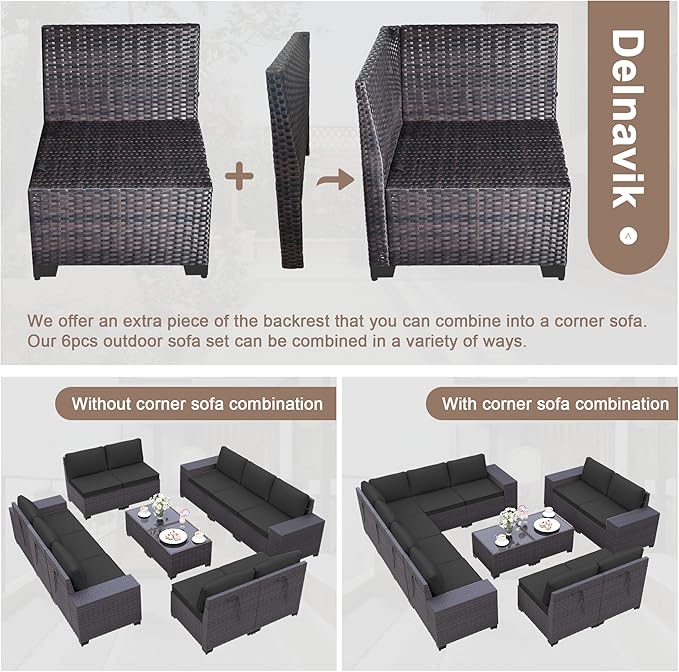 Patio Set Sofa 12-Pieces Wicker Sectional Sofa Set, Outdoor Furniture Rattan Patio Conversation Set with Cushions and Glass Coffee Table, Black
