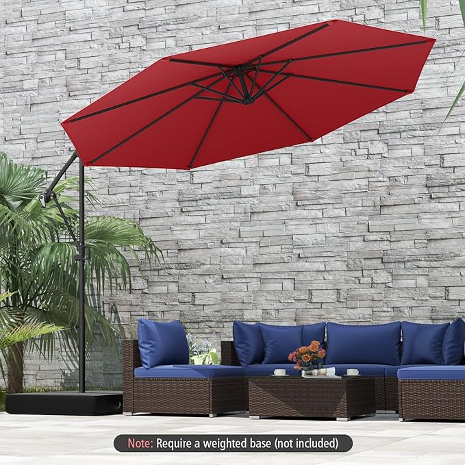 Tangkula 10 FT Patio Offset Umbrella, Hanging Cantilever Umbrella w/X-shaped Base & 360° Rotation, Smooth Crank Handle, Vented Top, Outdoor Market Umbrella for Backyard, Deck (Red)