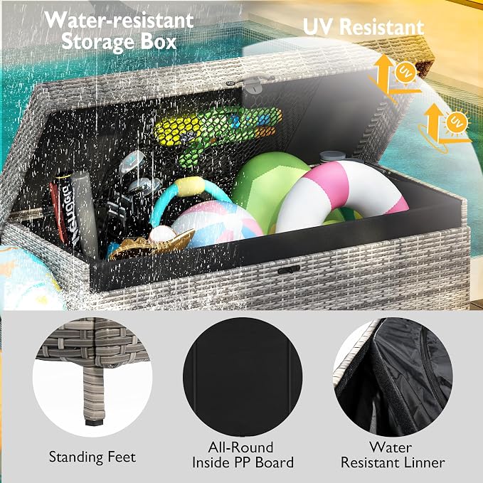 200 Gallon Wicker Deck Box with Wheels, All-Weather Outdoor Storage Box, Rattan Storage Bin for Patio Furniture, Outdoor Cushions, Pool Storage and Garden Tools - Grey