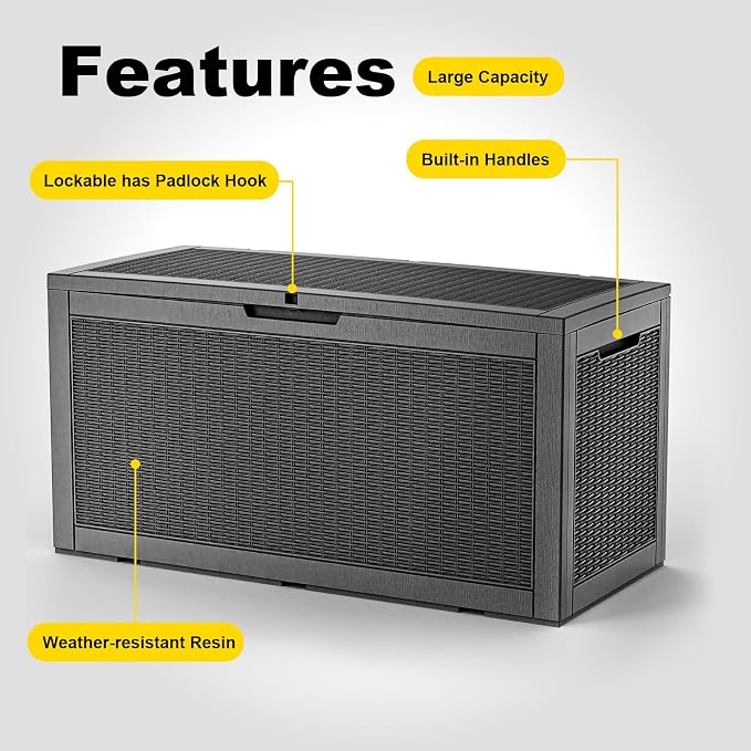 120 Gallon Outdoor Waterproof Resin Storage Deck Box Lockable Outside Bench UV Resistant Bin Patio Porch Furniture Pool Float Garden Tool Cushion Black