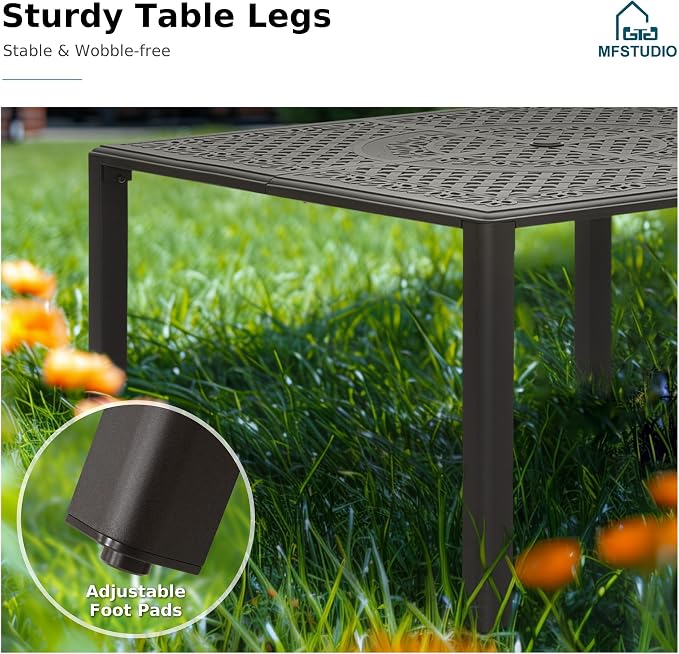 MFSTUDIO Cast Aluminum Outdoor Dining Table, 53" Square Patio Table with Umbrella Hole, Metal Aluminum Patio Dining Table for 8