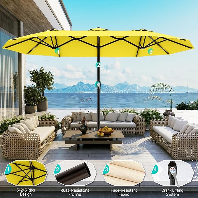 AreShark 15FT Outdoor Patio Umbrella with Crank, Large Rectangular Market Umbrella, Double-Sided Outdoor Umbrellas with Cross Base & Sandbag for Porch, Lawn, Pool, Backyard, Yellow