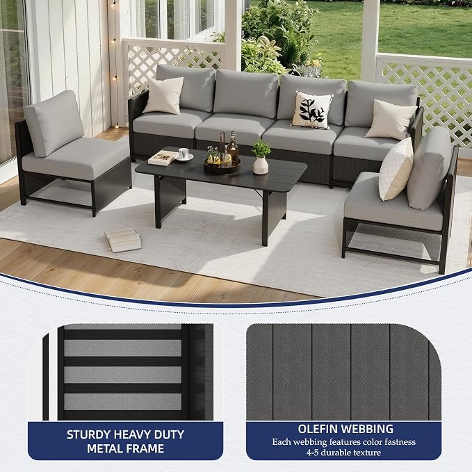 MELLCOM 7 Pieces Patio Furniture Set, Modern Sectional Sofa, All Weather Outdoor Conversation Set with Cushions & Table, Gray