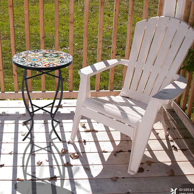 VCUTEKA Mosaic Outdoor Side Table - Small Patio Table Coffee Outside Accent Tables Round End Plant Tables for Bistro Balcony Porch Outdoor Benches 14'' Muti Yellow