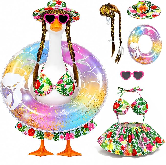 Hawaiian Porch Goose Bikini Outfits, Summer Goose Swimsuit Clothes Fits 23" Goose Statue with Cute Hat, Goose Wigs, Sunglasses & Swimming Ring for Outdoor Patio Yard Decoration