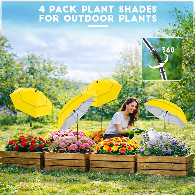 4 Pack 24.9" Double Canopy 47.2" Height Plant Umbrellas for Outdoor Plants, 3D Stakes 360° Adjustable Plant Shades for Outdoor Plants, Garden
