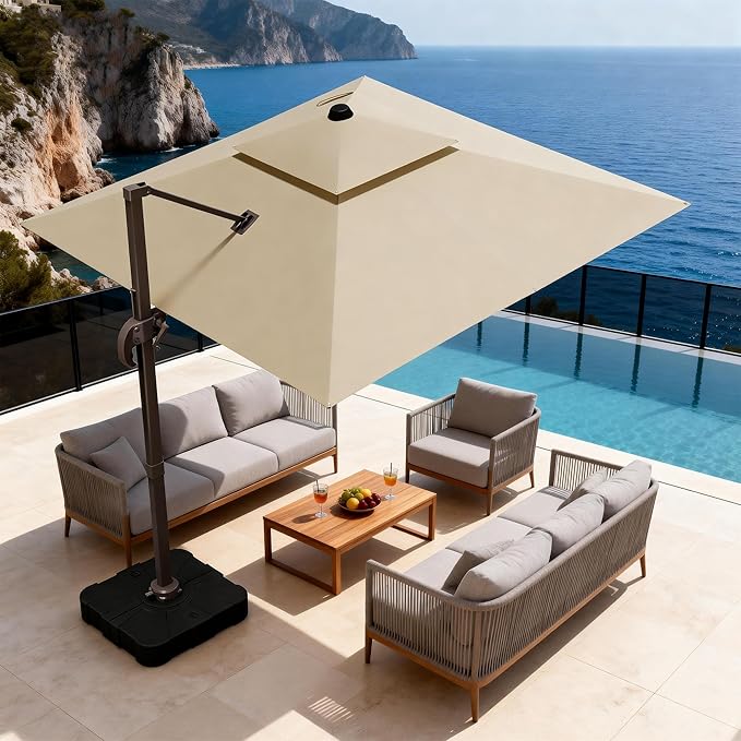 10x10Ft Patio Umbrella Outdoor Cantilever Rectangle Umbrella, 6-Level Tilt & 360° Rotation Offset Umbrella for Garden, Deck, Pool(Beige)