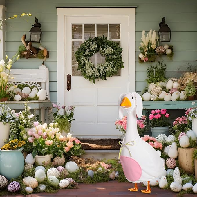 FuWeave Easter Bunny Goose Outfit for 23" Goose Costume for Cement Plastic Porch Geese Statue Spring Outdoor Garden Yard Patio Decoration, White