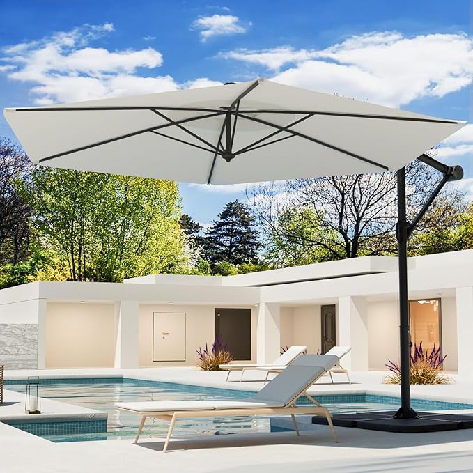 COSIEST Offset Patio Umbrella, Cantilever Hanging Outdoor Umbrella w/360-degree Rotation, Handy Crank, UV/Waterproof Canopy, 6 Ribs for Market, Backyard, Poolside, Garden