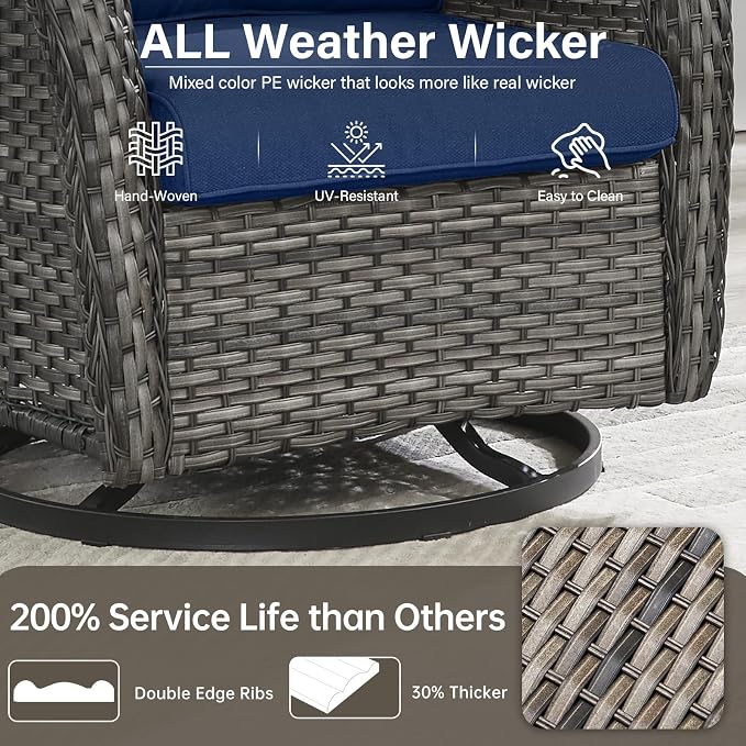 Outdoor Swivel Rocker Patio Chairs Set of 4 with Ottoman Coffee Table - 5" Thick Cushion 8 Piece Furniture Set All Weather Comfortable Wicker Conversation Set for Porch Deck - Gray/Blue