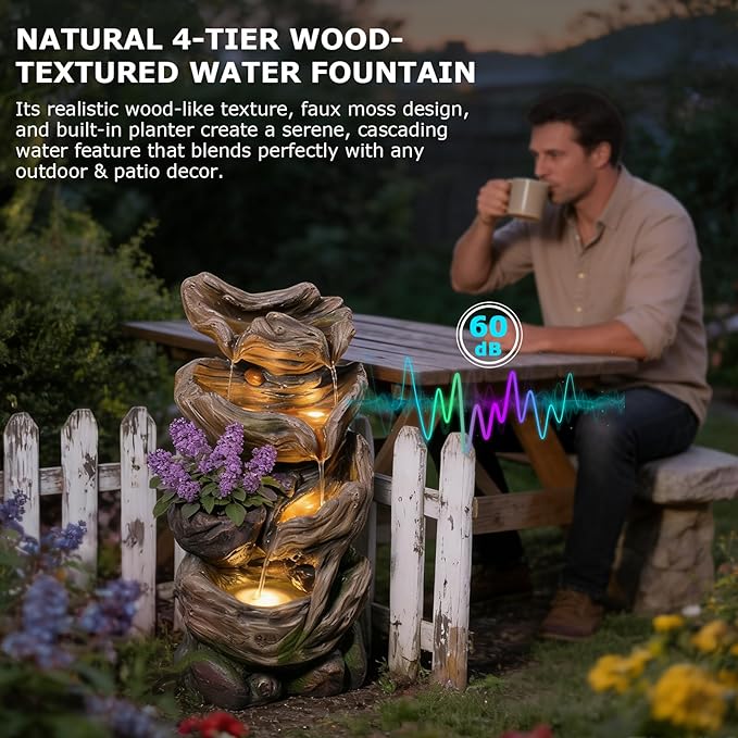 4-Tier Cascading Outdoor Water Fountain, 25.2" H Realistic Tree Trunk Garden Waterfall Fountains for Outside, Water Fountain Outdoor with Lights for Patio, Yard, Deck, Porch and Home Decor