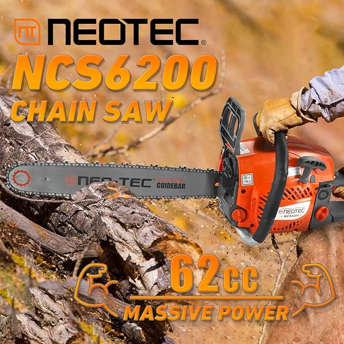 NEO-TEC 20 Inch 62CC Gas Powered Chainsaw 2-Cycle Petrol 3.5HP Handheld Reliable Motosierra De Gasolina for Tree Pruning Wood Cutting Firewood Preparation & Yard Maintenance