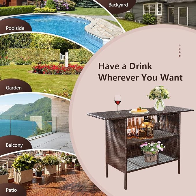 ReunionG Outdoor Wicker Bar Patio Rattan Counter Table with 2 Steel Shelves, 55.1" x 18.5" x 36.2"(L x W x H), Brown
